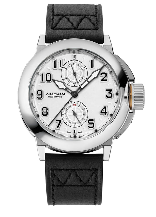 Waltham watch with black leather strap on a white background